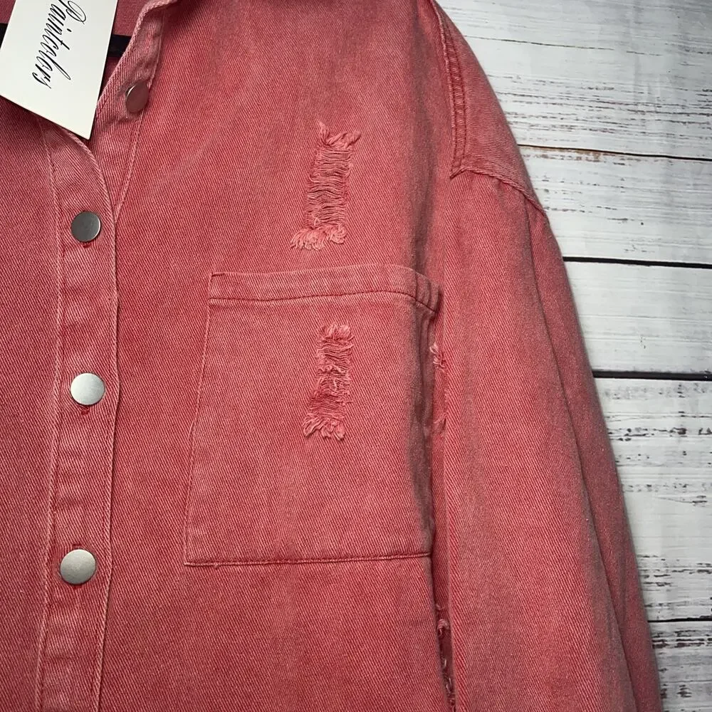 Paintcolors Distressed Indie Grunge Red Fringe Jean Jacket Medium - Picture 3 of 12